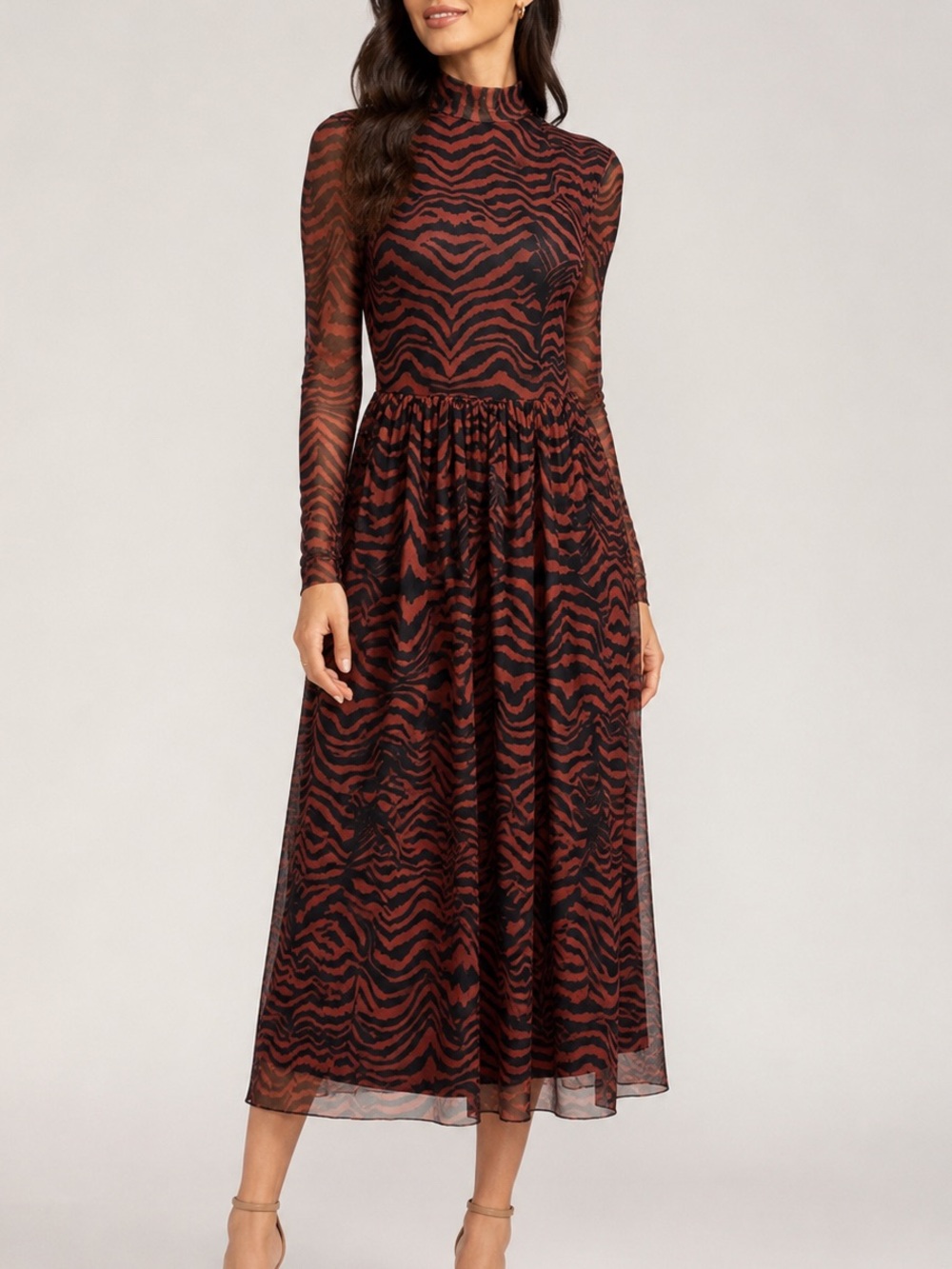 Free Press Rust Tiger Print Mesh Midi Dress